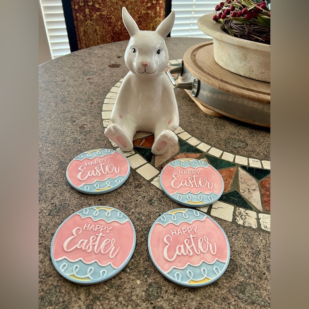 Grandmacore Happy Easter Pink & Blue Ceramic Coasters - + Ceramic Bunny Cottage